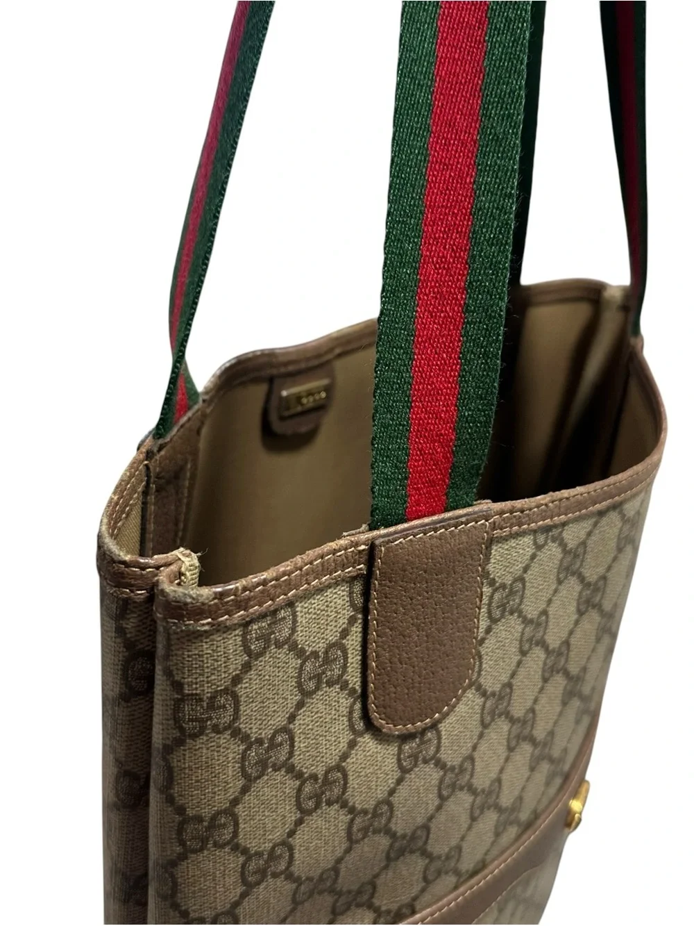 Gucci GG Supreme Canvas & Brown Leather Red Green Sherry Stripe Vintage Tote Bag_13